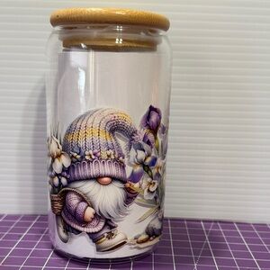Gnome Art Glass Tumbler with Bamboo Lid and Glass Straws